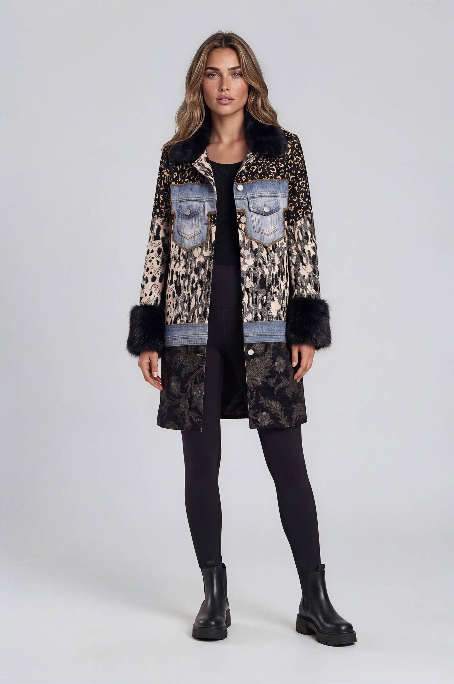 Mixed Media Faux Fur Trim Jacket