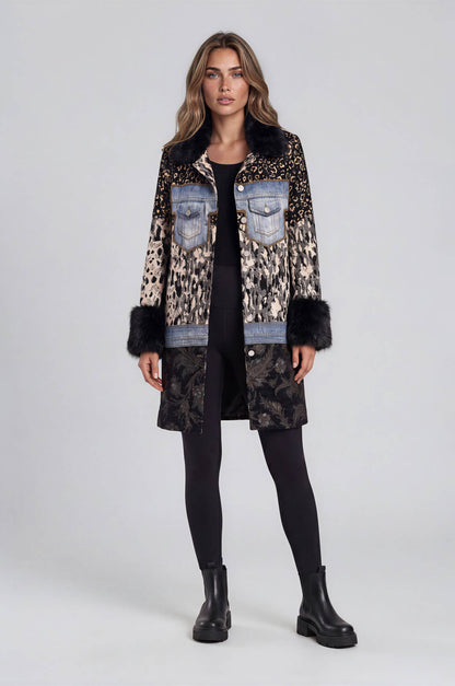 Mixed Media Faux Fur Trim Jacket