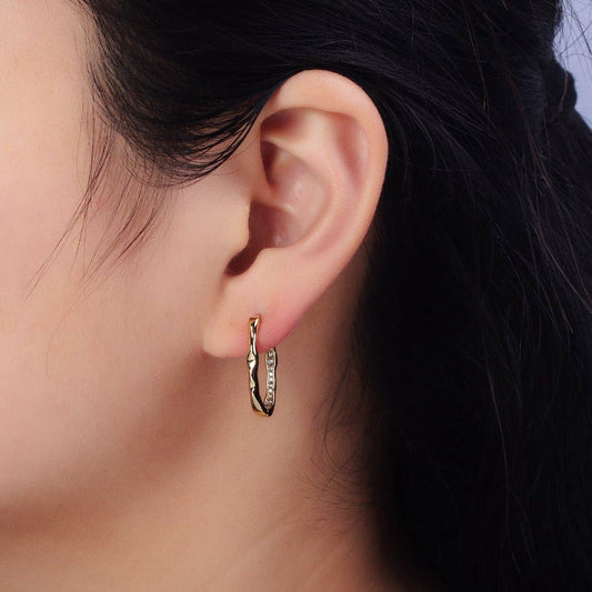 Oblong Hammered Geometric Micro Paved Hoops