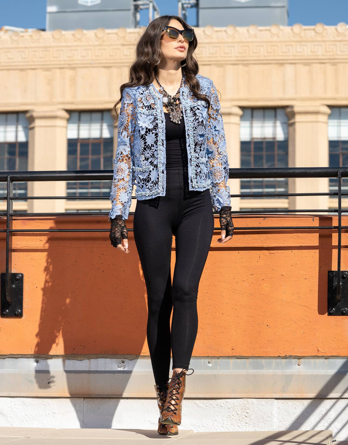 Embellished Lace Open-Front Jacket