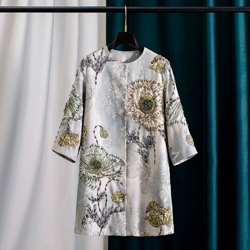Hand-Beaded Floral Long Jacket