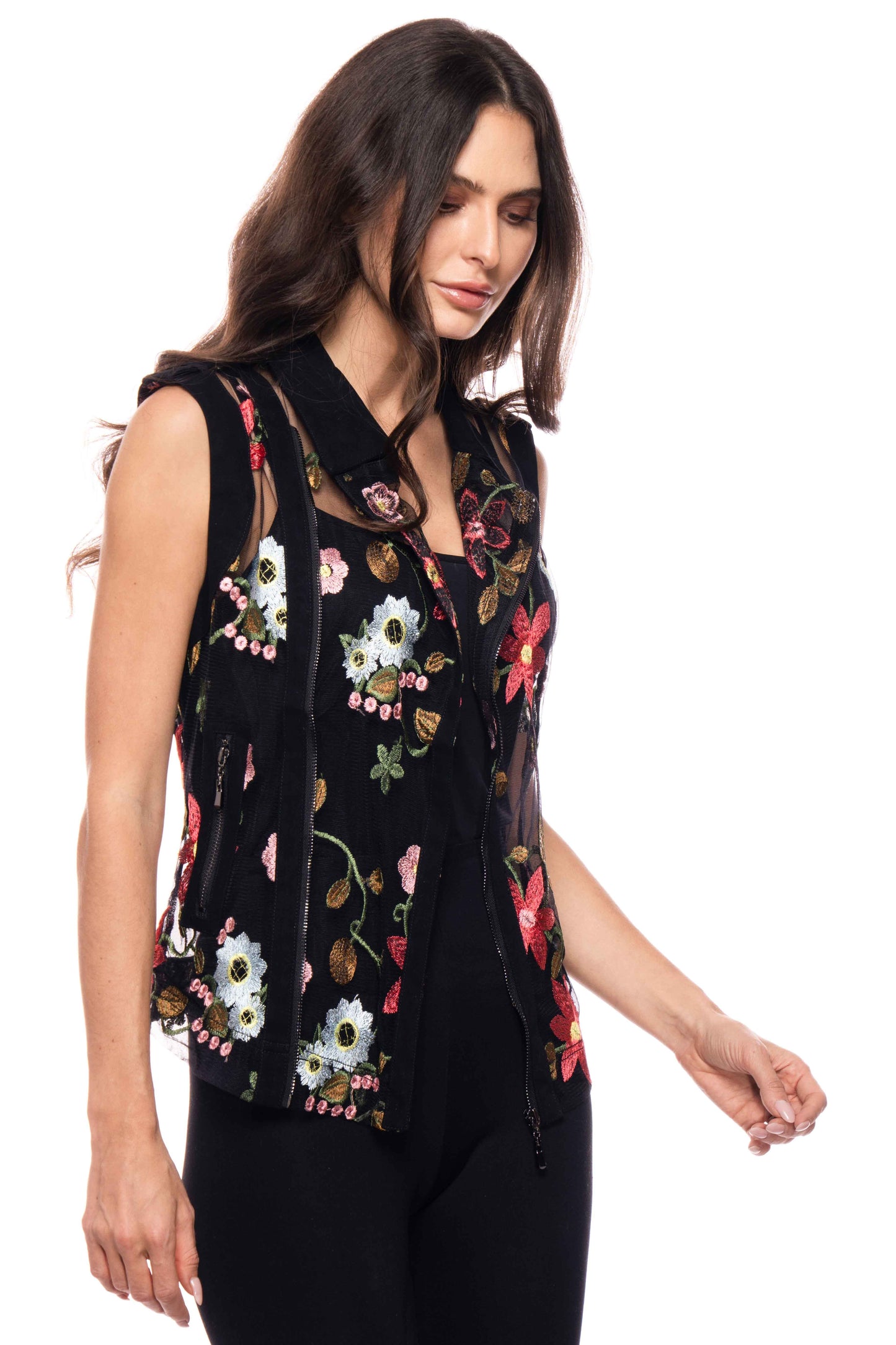Embroidered Zip-Front Sheer Vest