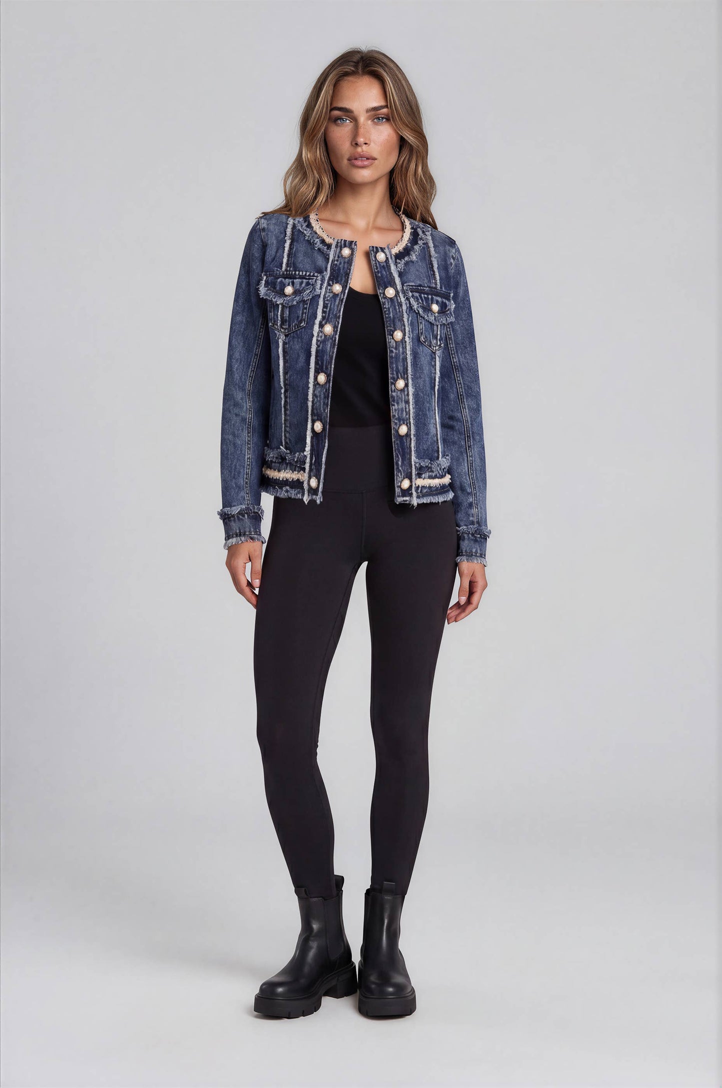 Frayed Denim Jacket with Pearl Trim