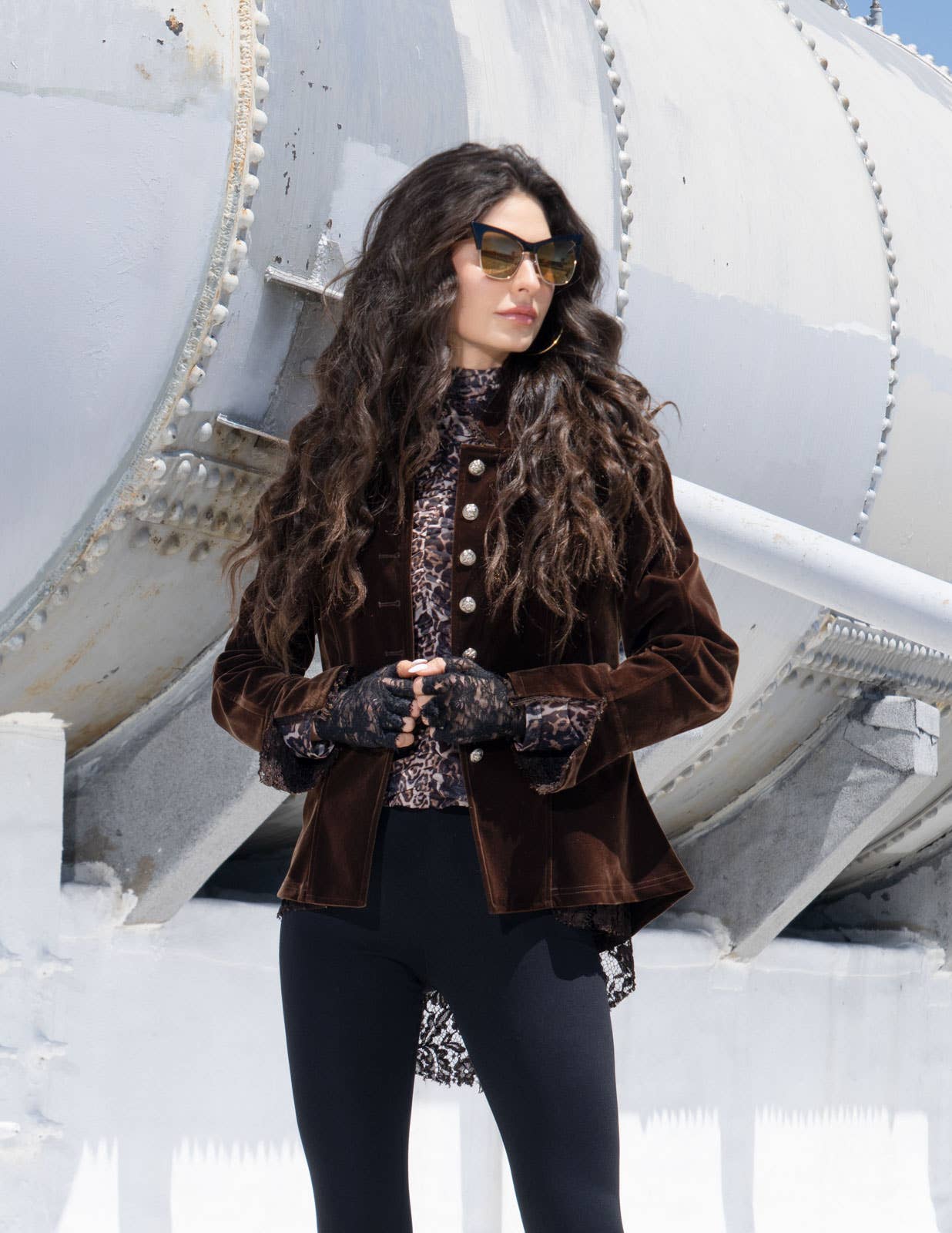 AD2308-B Velvet Jacket with Lace and Groment Trimming