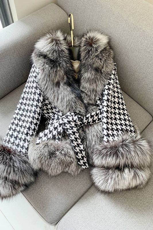 JK101Y Chic Houndstooth Faux Fur Coat