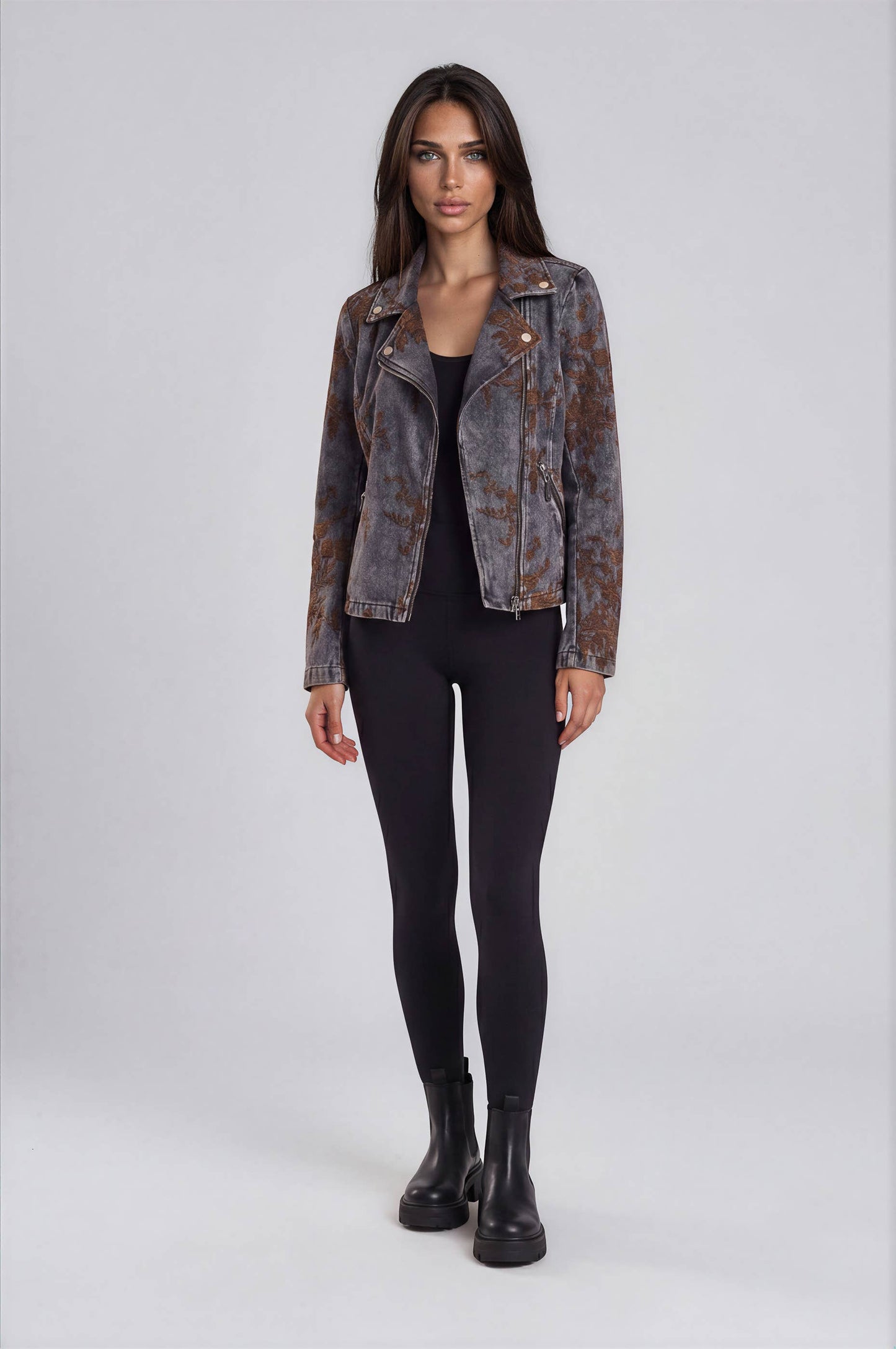 Denim Moto Jacket with Burnout Velvet