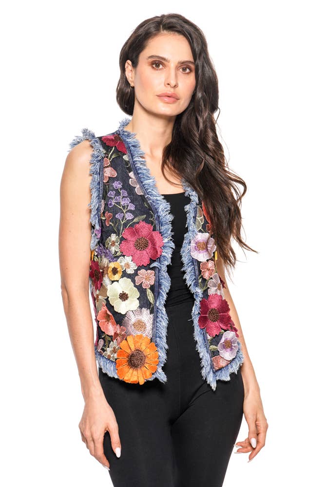 BS2527 Denim Vest with Floral Embroidery