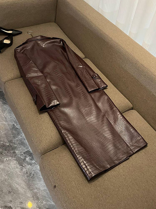 SY391 Crocodile Pattern Pu Leather Long Coat