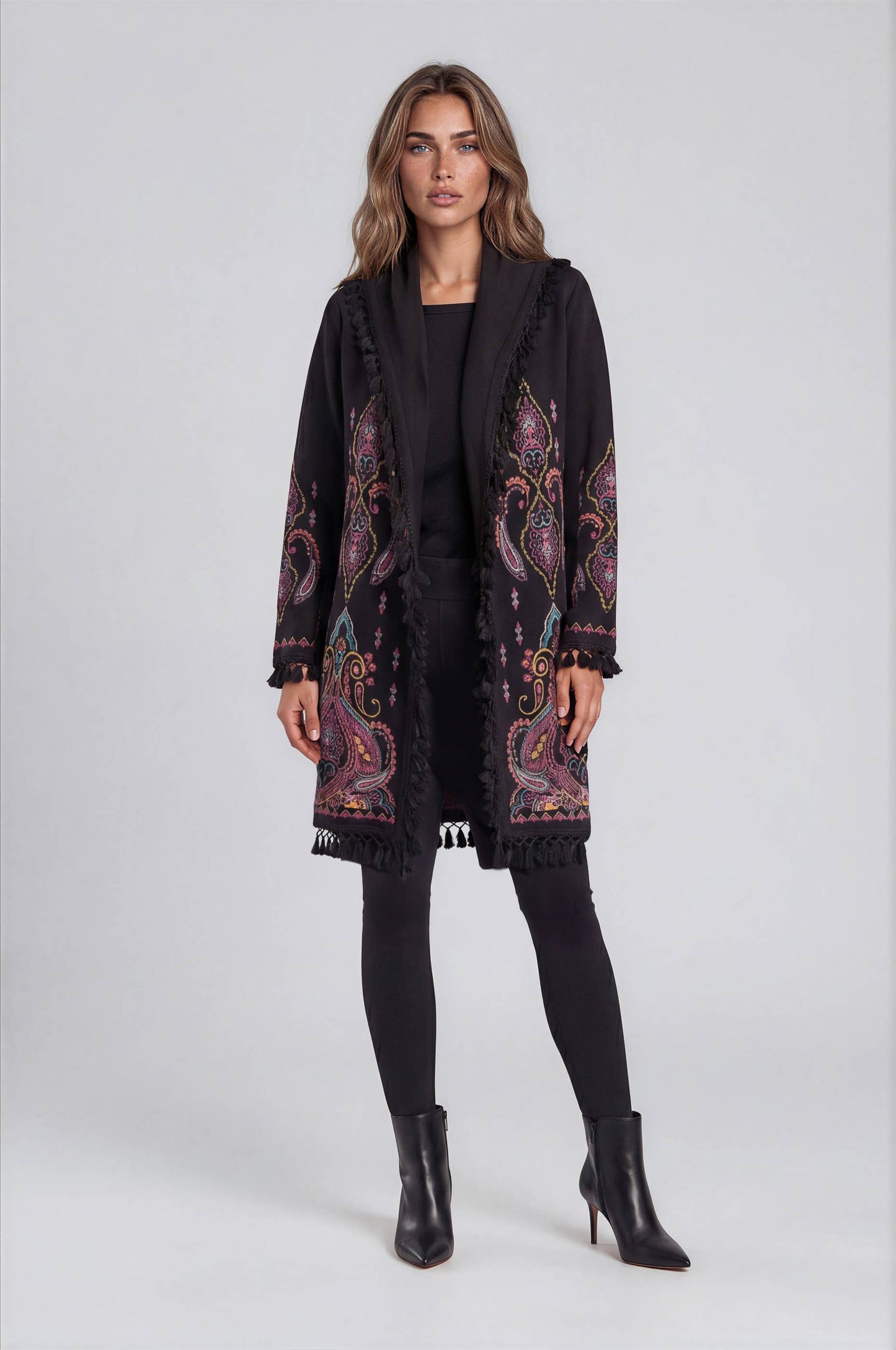 Embroidered Fringe Hooded Cardigan