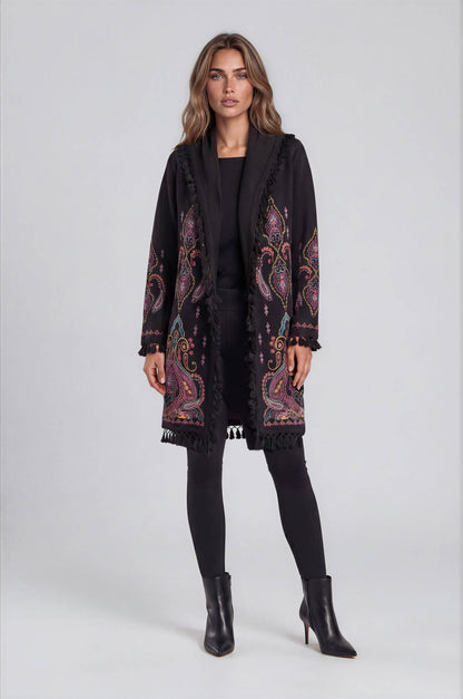 Embroidered Fringe Hooded Cardigan