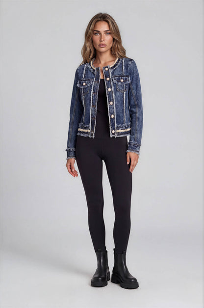 Frayed Denim Jacket with Pearl Trim