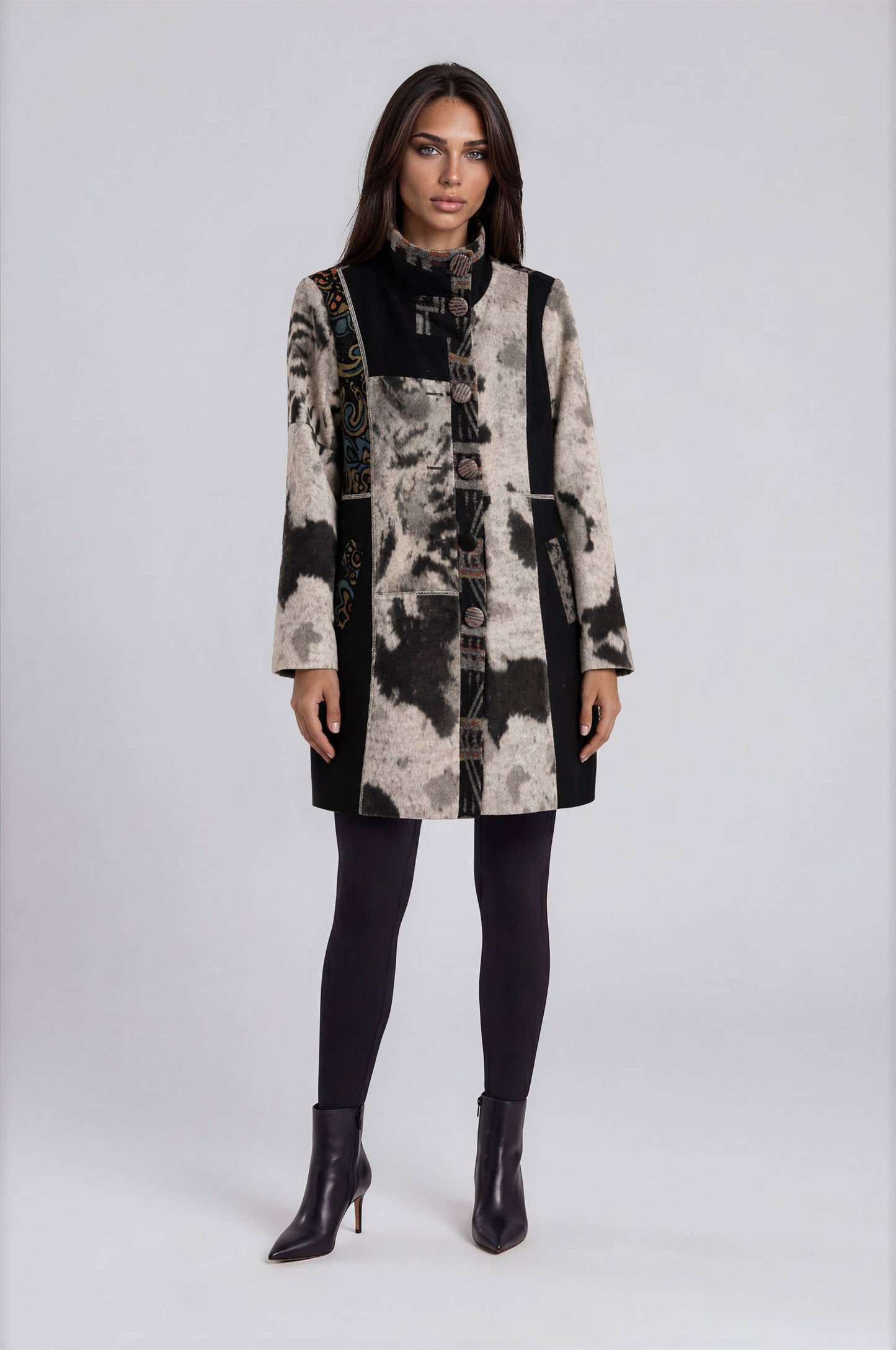 Patchwork Print Button Front Coat