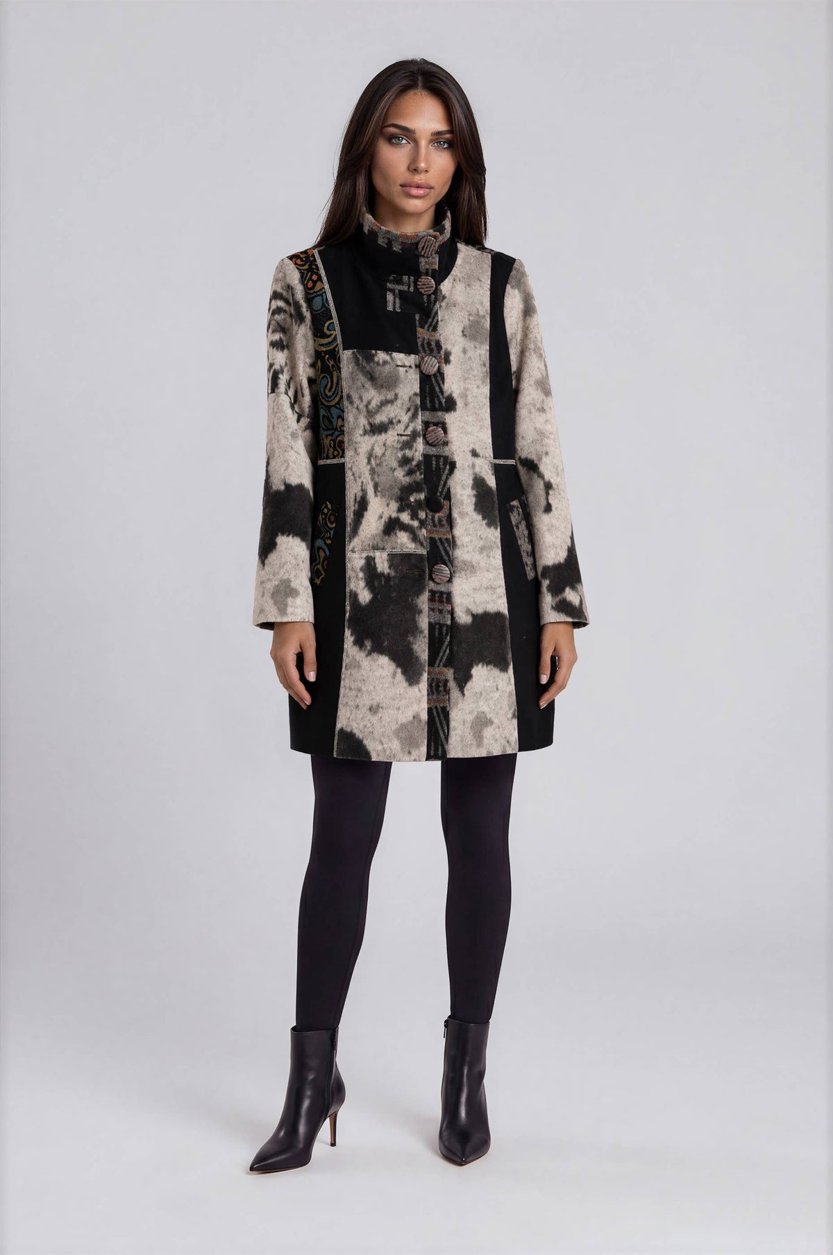 Patchwork Print Button Front Coat