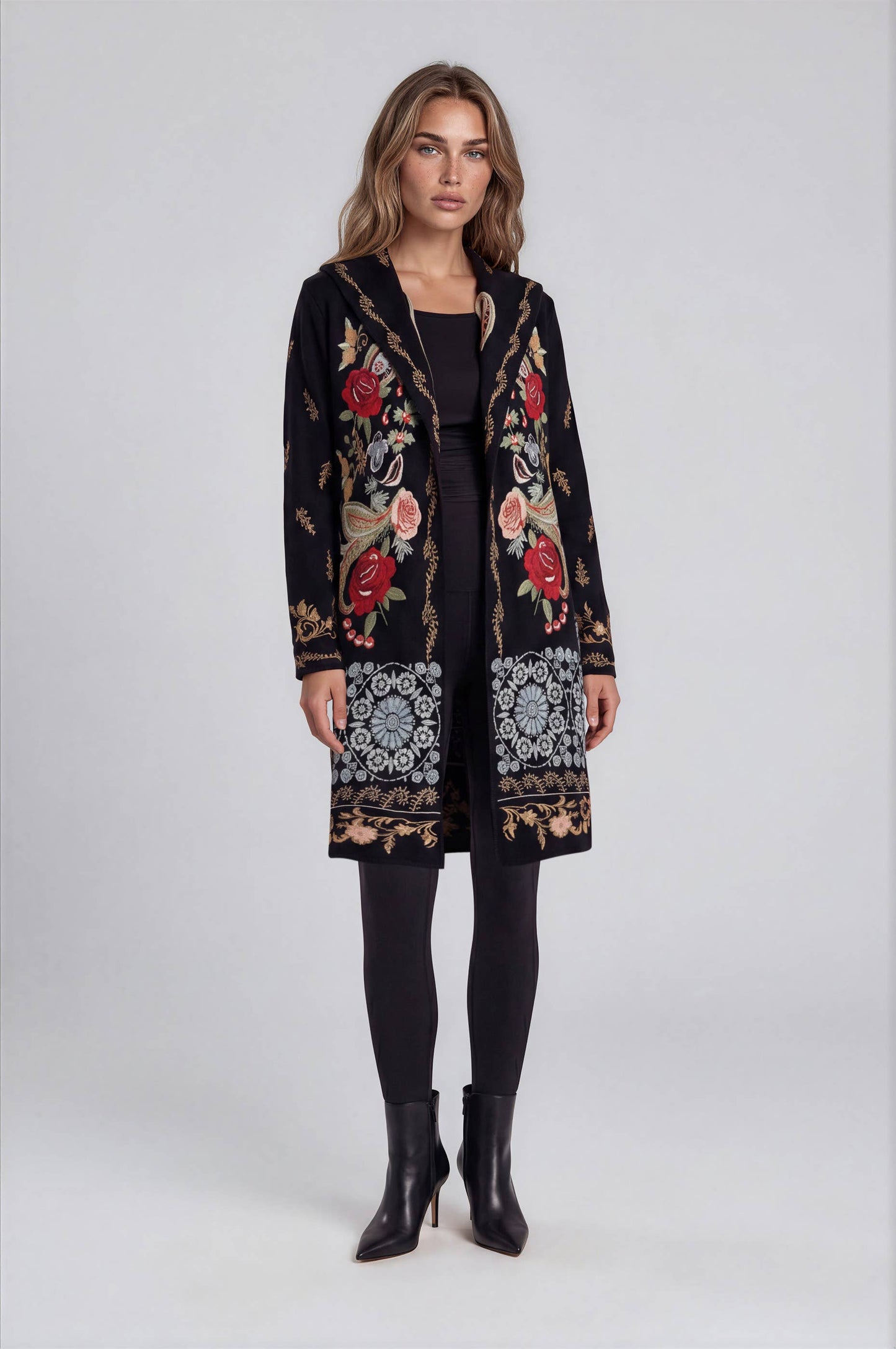 Embroidered Hooded Sweater Coat