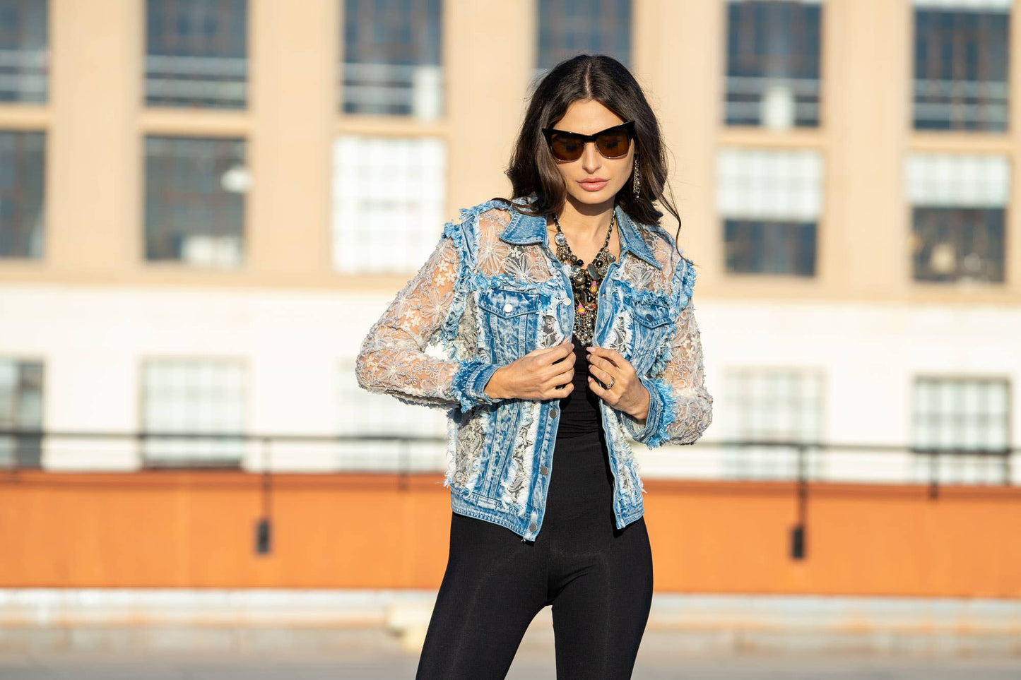 Sheer Floral Lace Denim Jacket