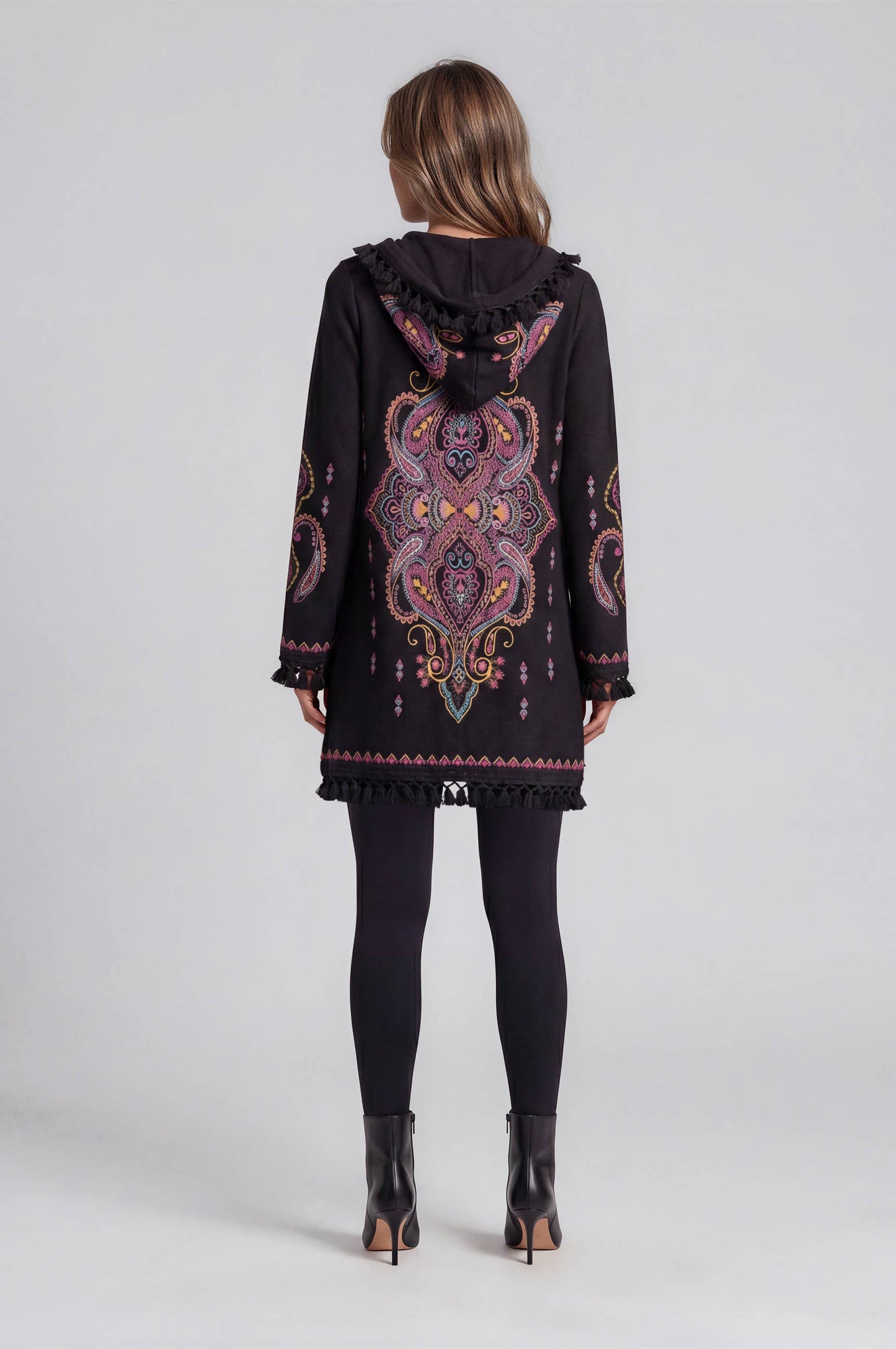 Embroidered Fringe Hooded Cardigan