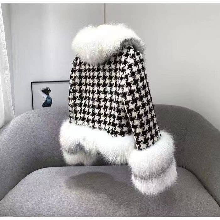 JK101Y Chic Houndstooth Faux Fur Coat