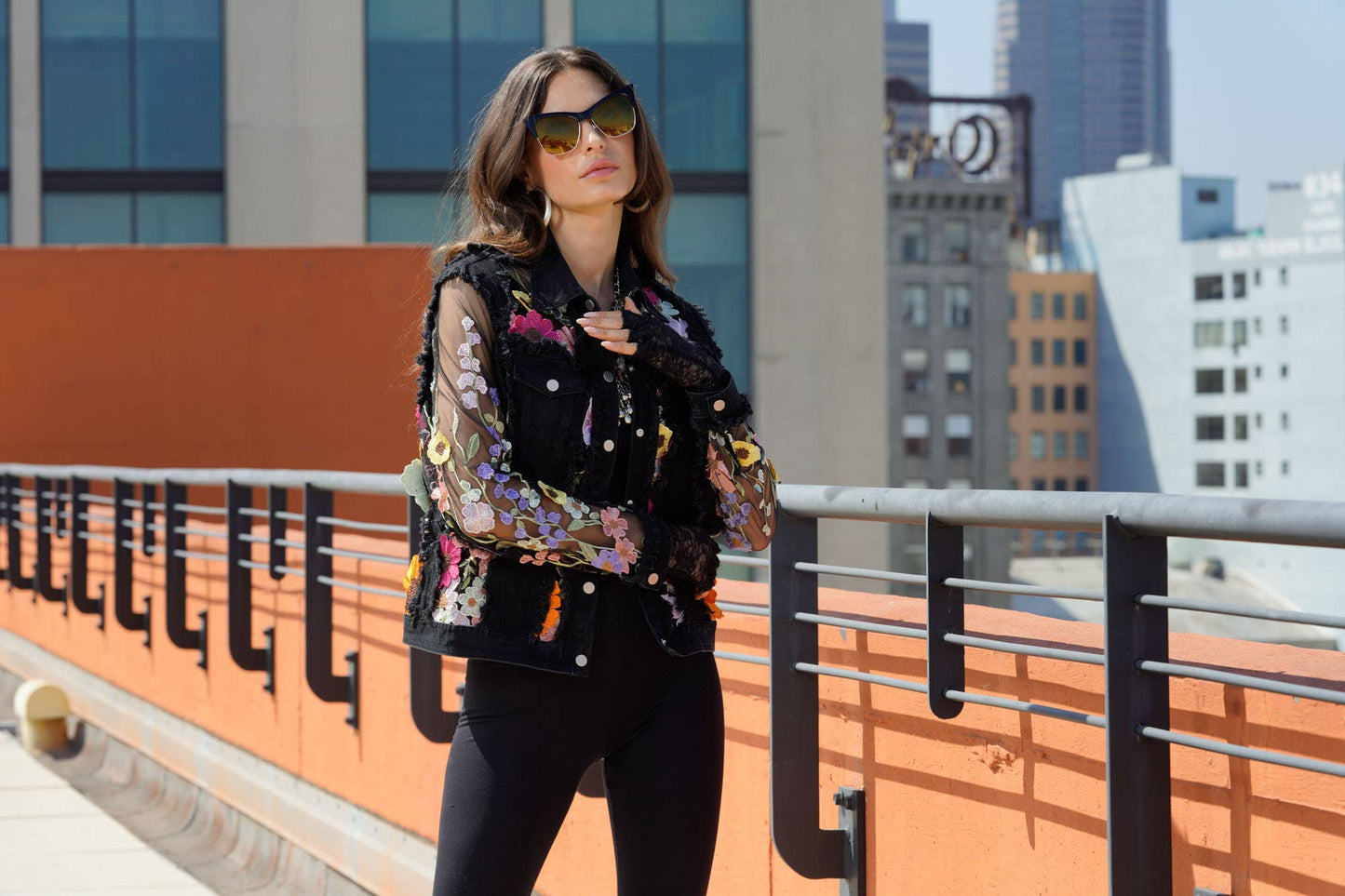 Black Denim Jacket Floral Embroidery