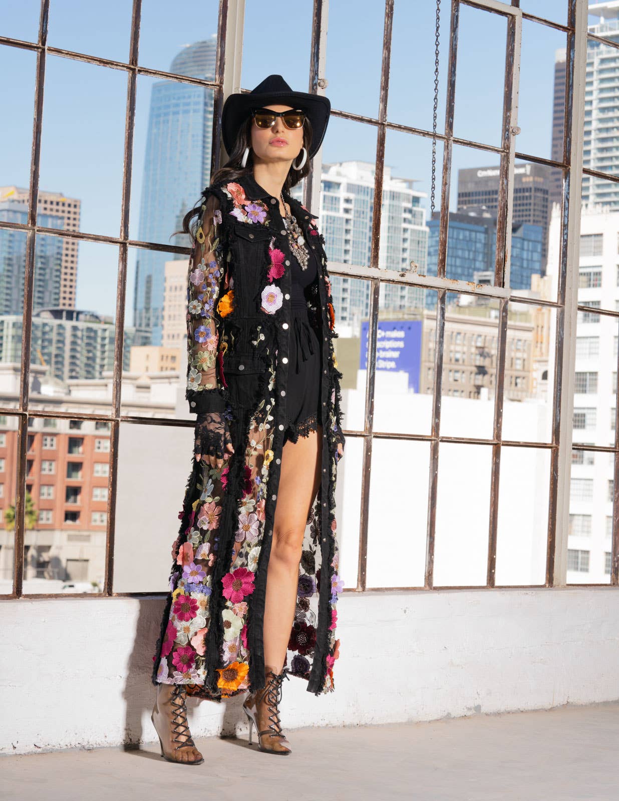 L2406B - Long Denim Embroidered Duster Jacket