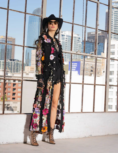 L2406B - Long Denim Embroidered Duster Jacket