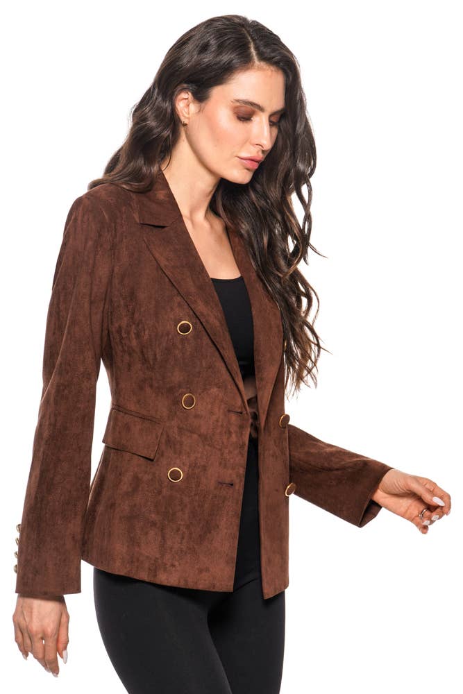 AD2623 – Double-Breasted Faux Suede Blazer in Mocha