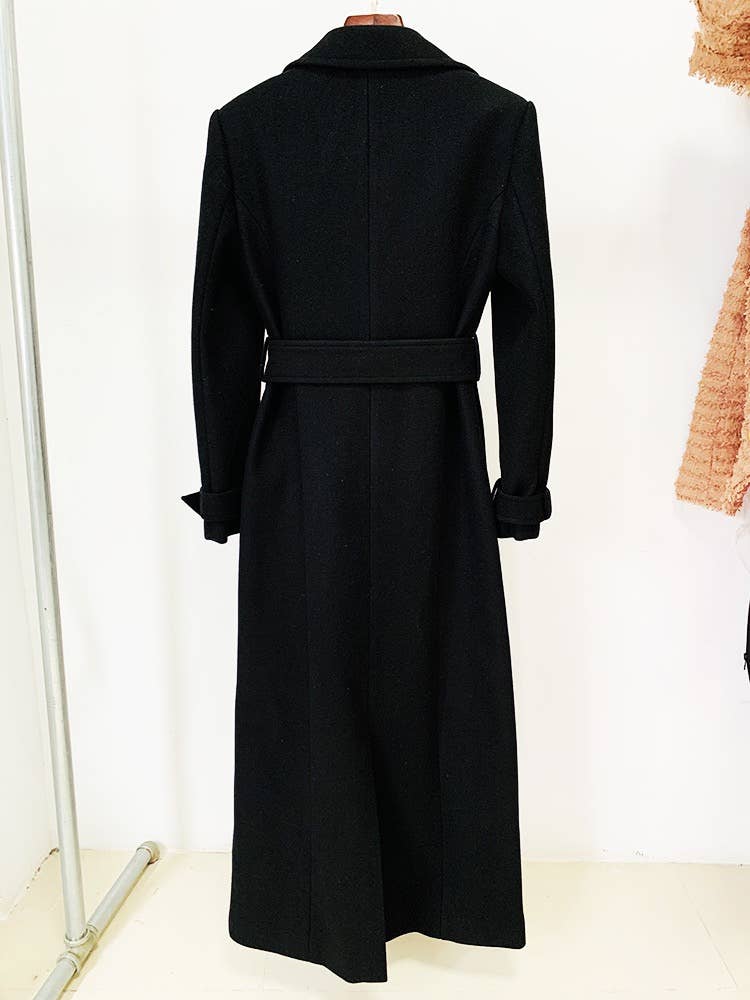 CT027 Elegant Long Black Wool Coat with Gold Accents
