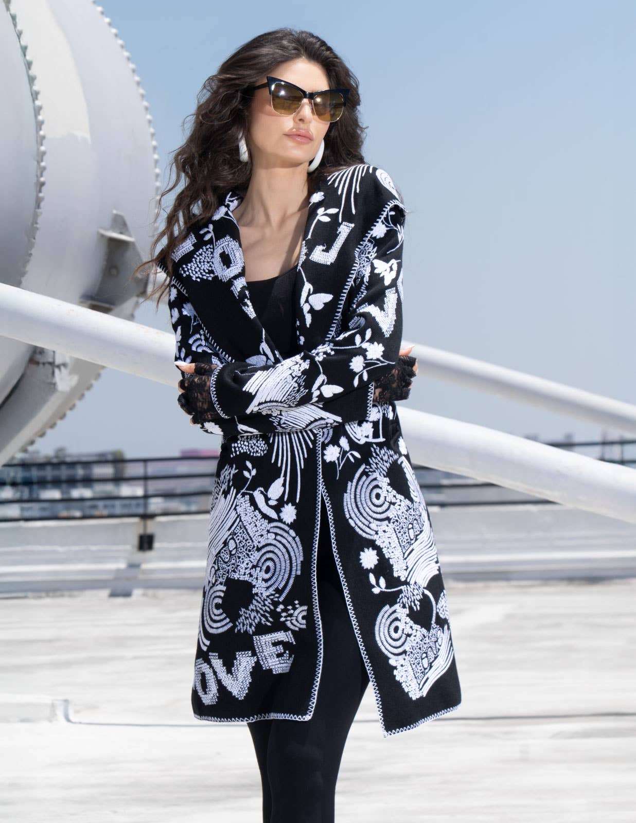 Black and White Embroidered Cardigan with Hood