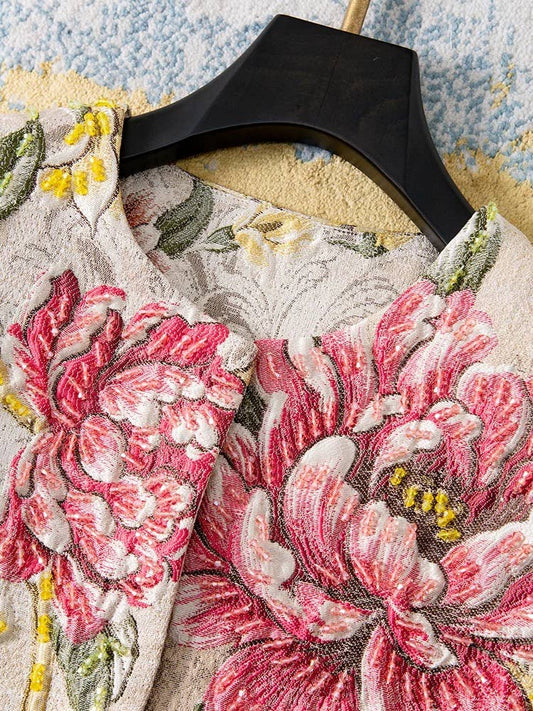 Embroidered Jacquard Beaded Mid-Length Coat