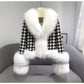 JK101Y Chic Houndstooth Faux Fur Coat