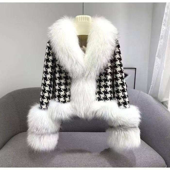 JK101Y Chic Houndstooth Faux Fur Coat
