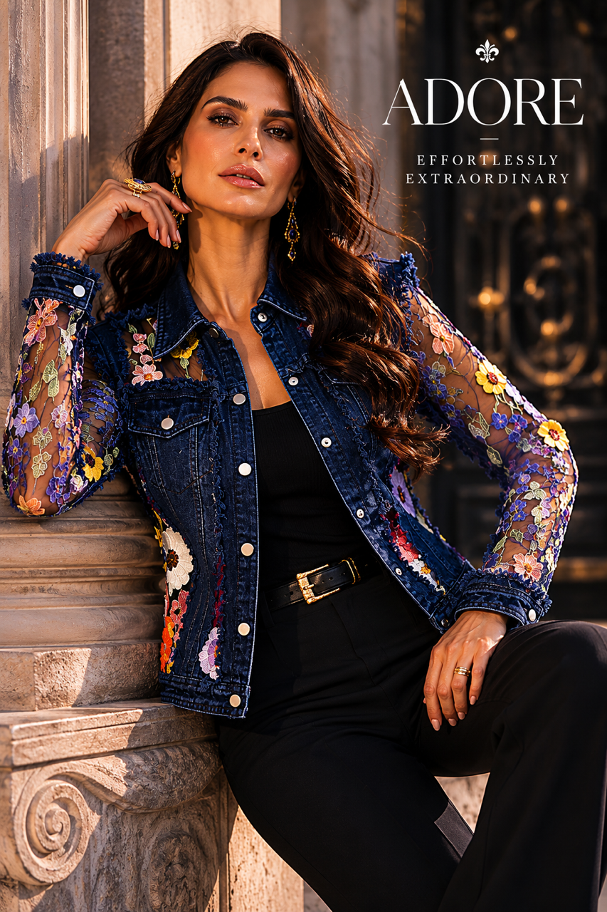Dark Denim Jacket with Floral Embroidery
