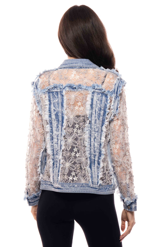 Sheer Floral Lace Denim Jacket