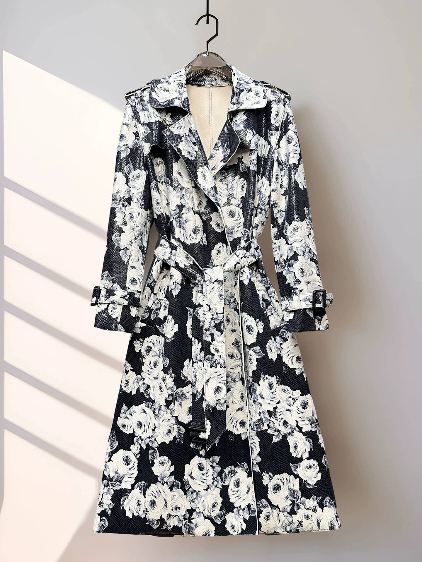 Rose Print Faux Suede Belted Trench Coat