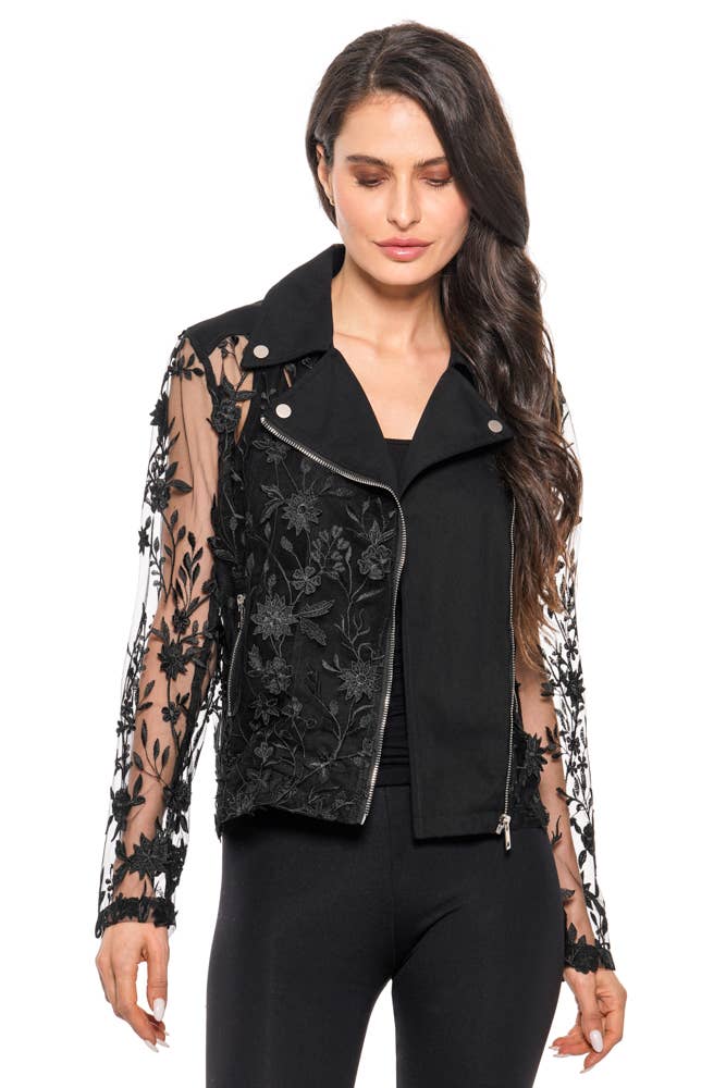 BS2520 - Floral Embroidered Mesh Moto Jacket –Black Elegance