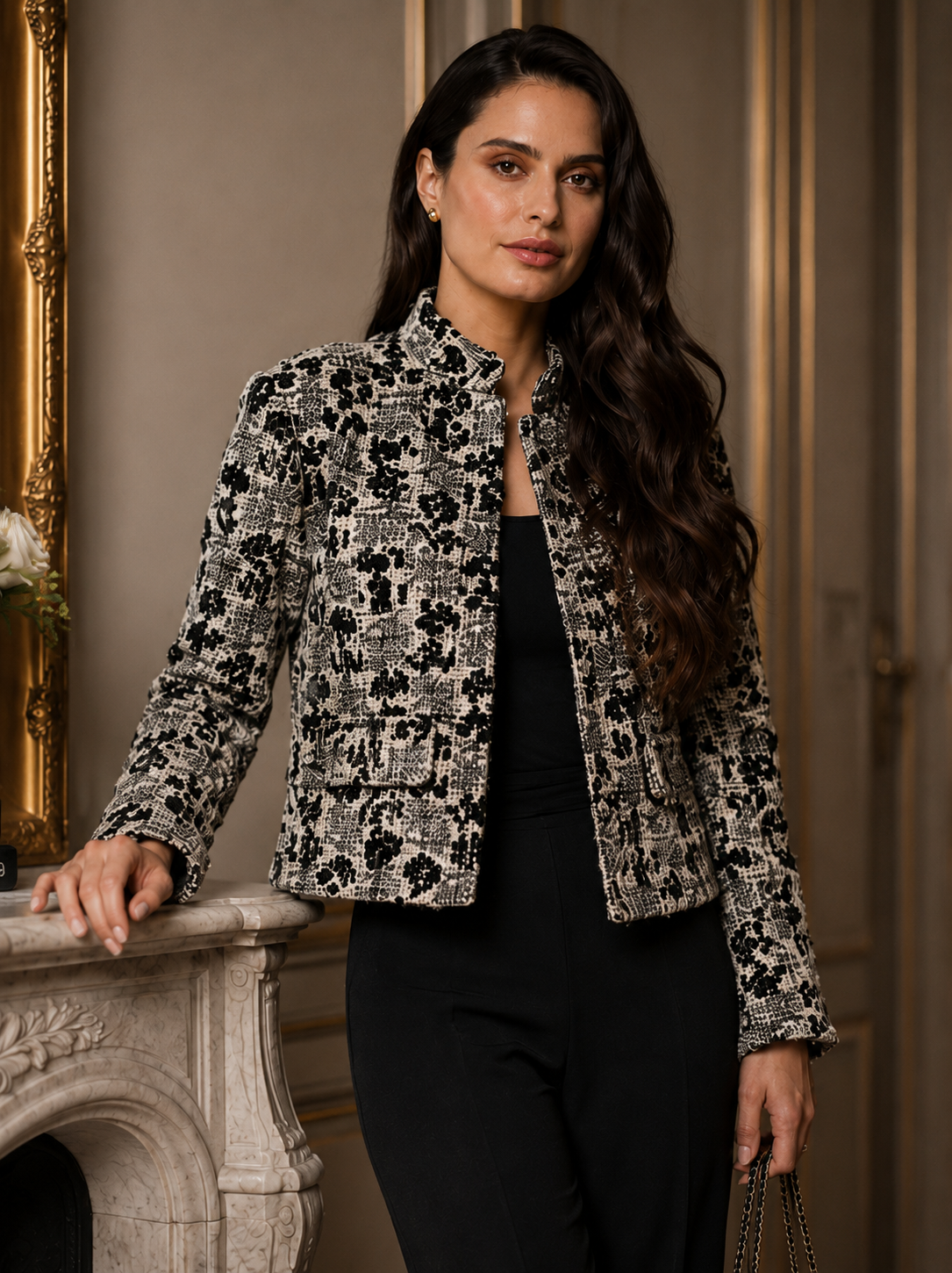 Sequin Tweed Crop Jacket (Ivory/Black)