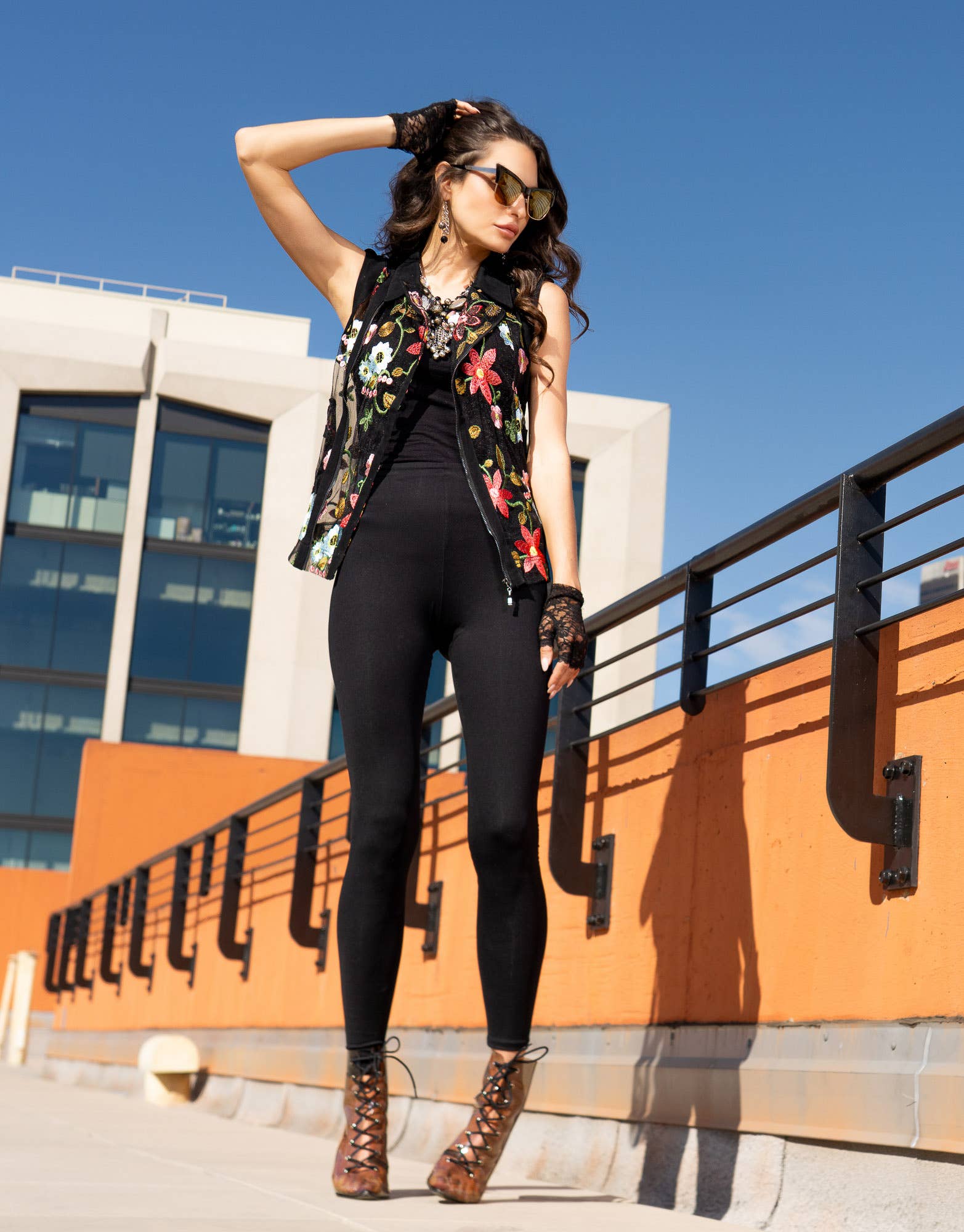 Embroidered Zip-Front Sheer Vest