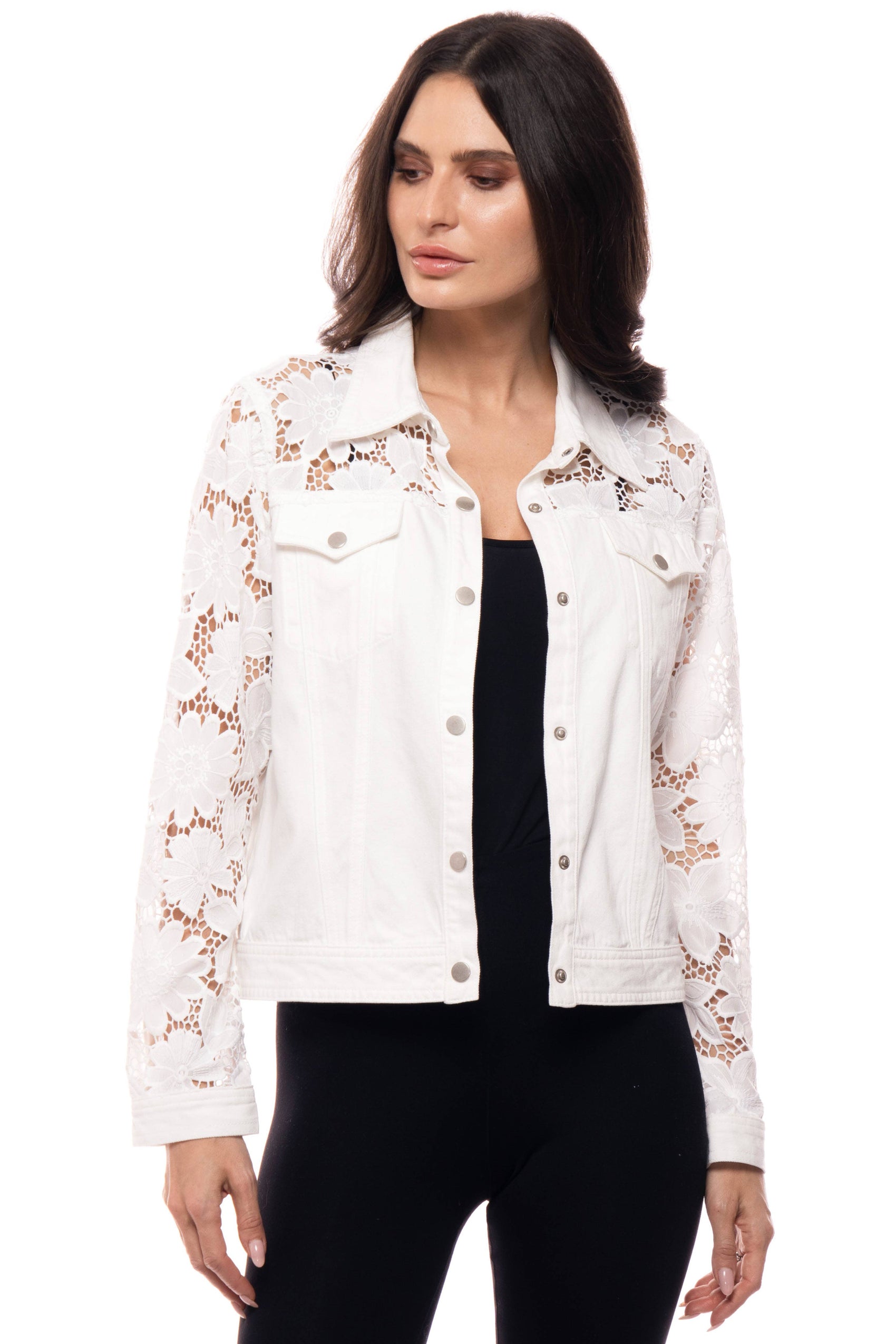 White Lace Sleeve Denim Jacket