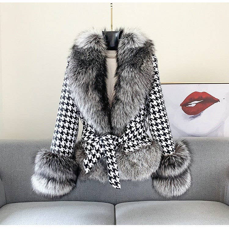 JK101Y Chic Houndstooth Faux Fur Coat