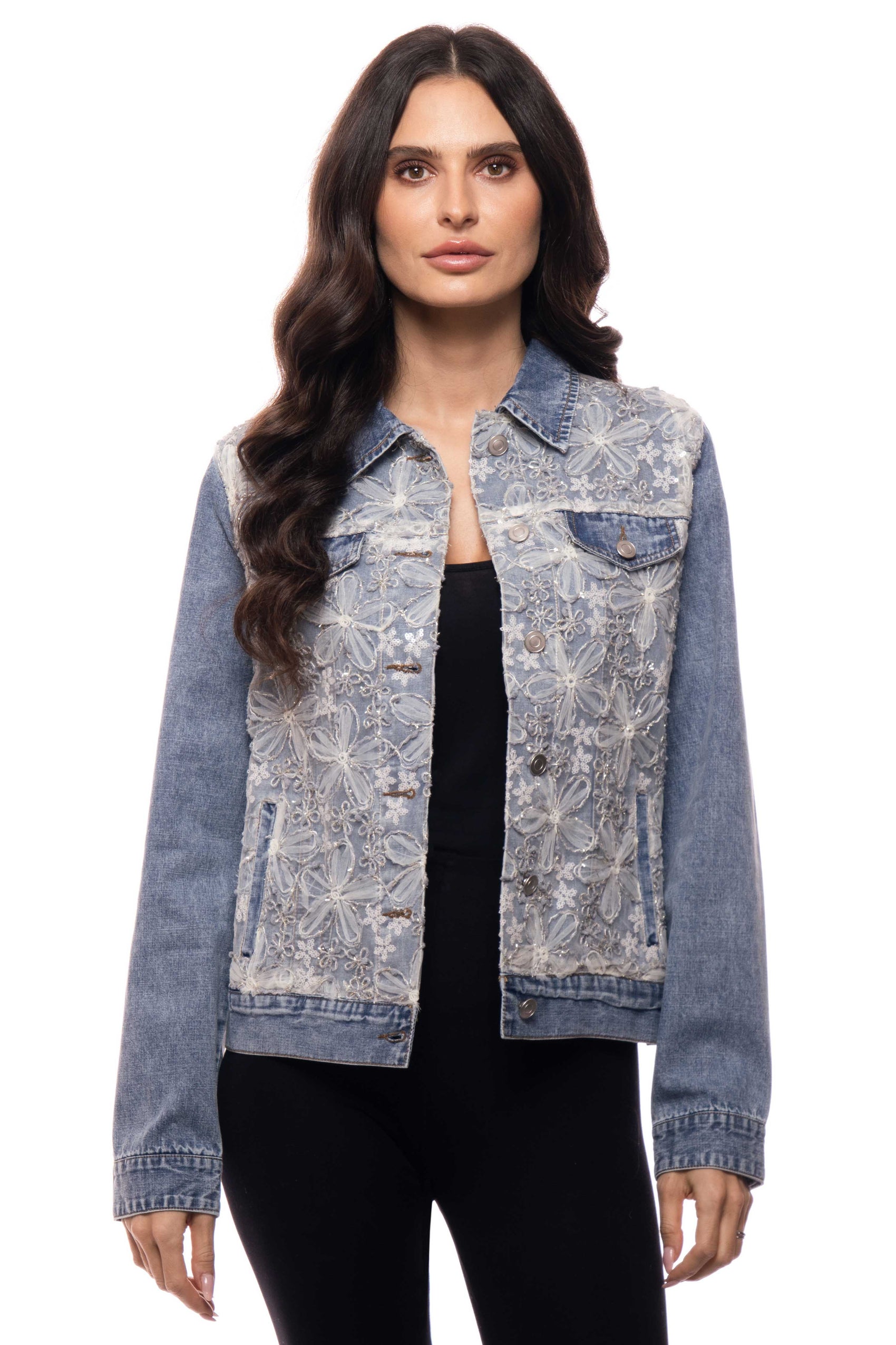 Denim Jacket with Lace Appliqué