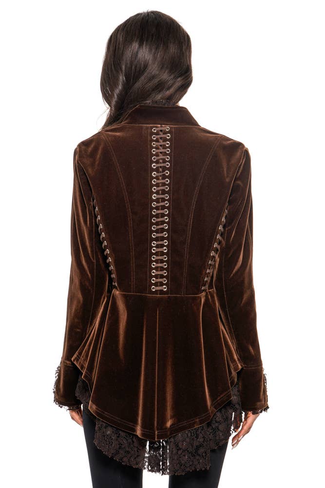 AD2308-B Velvet Jacket with Lace and Groment Trimming