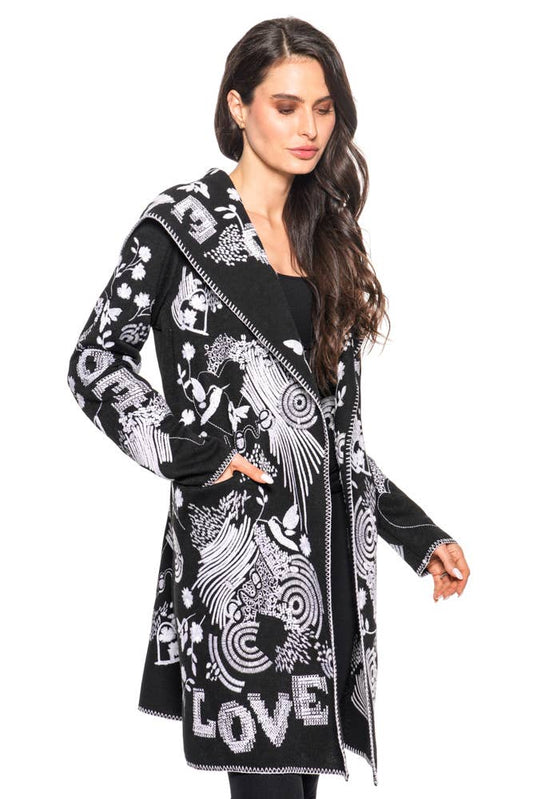 Black and White Embroidered Cardigan with Hood