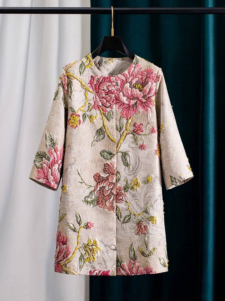 Embroidered Jacquard Beaded Mid-Length Coat