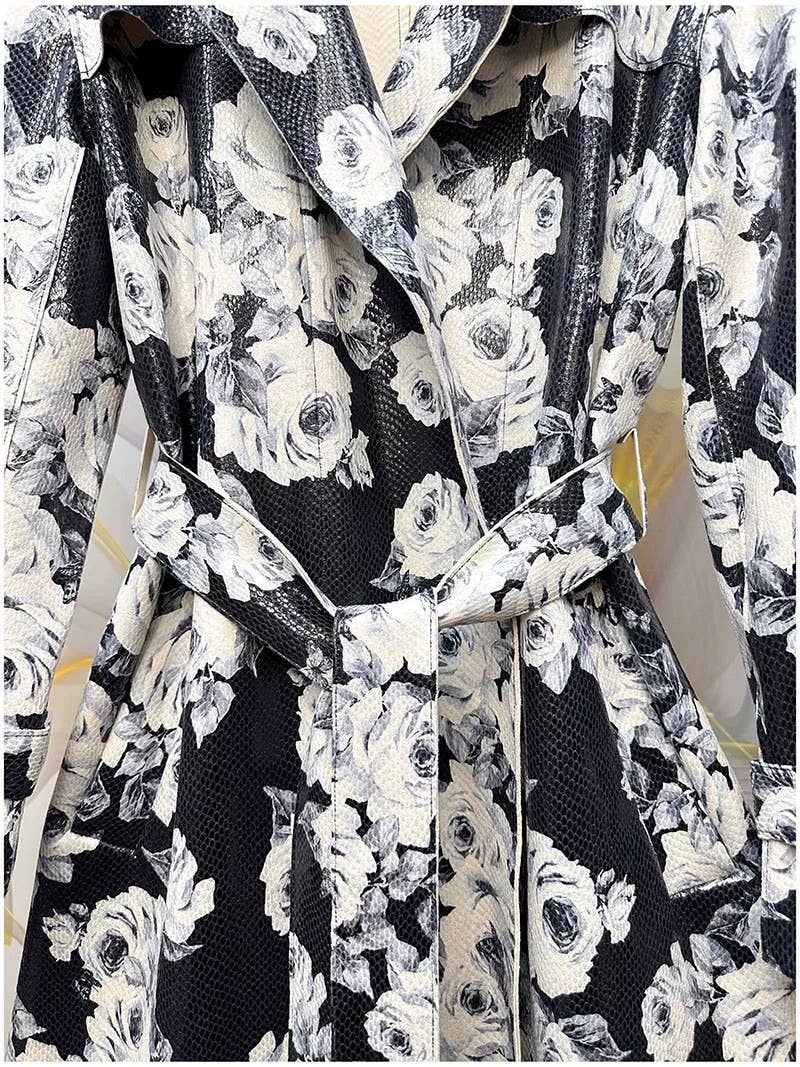 Rose Print Faux Suede Belted Trench Coat