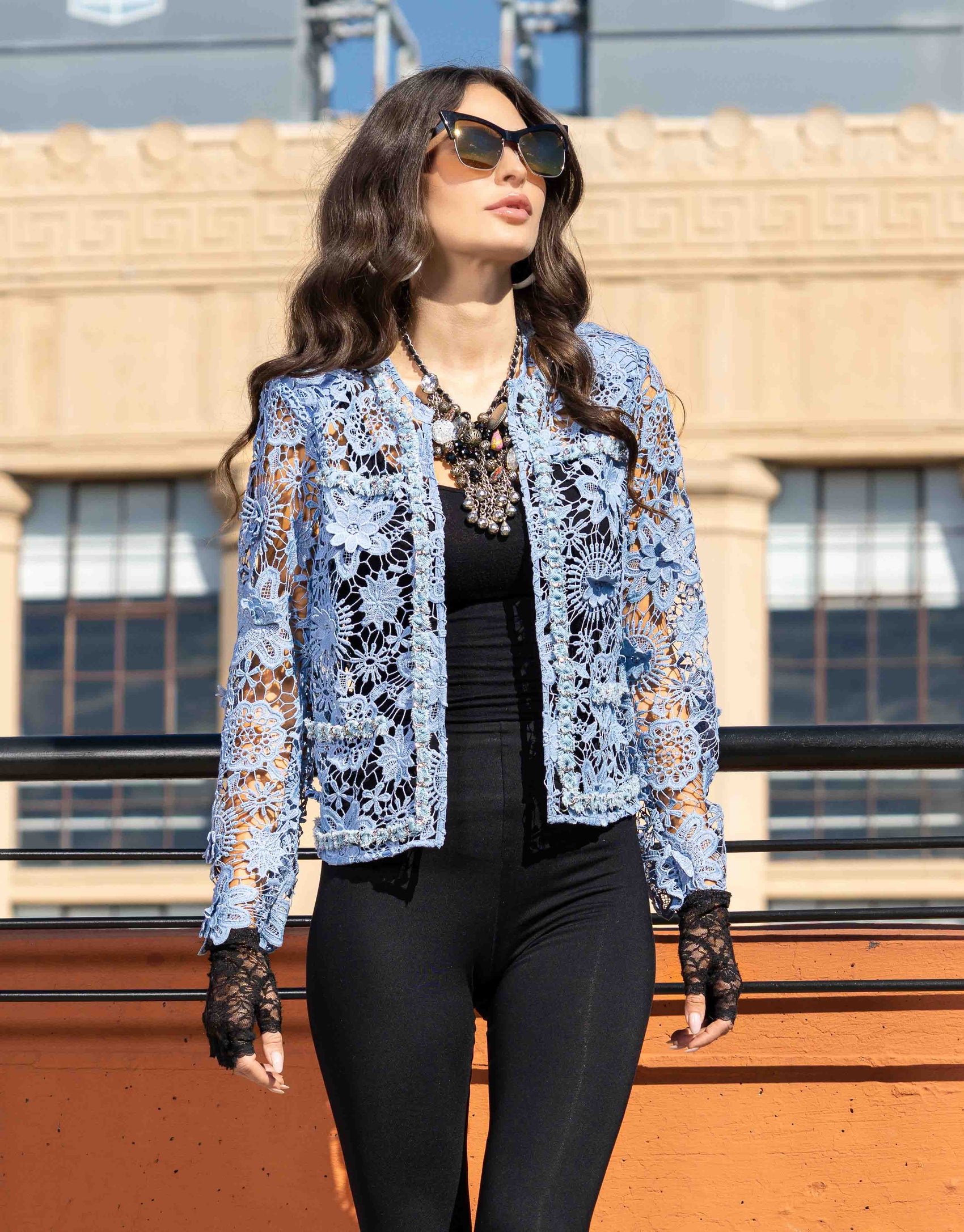 Embellished Lace Open-Front Jacket