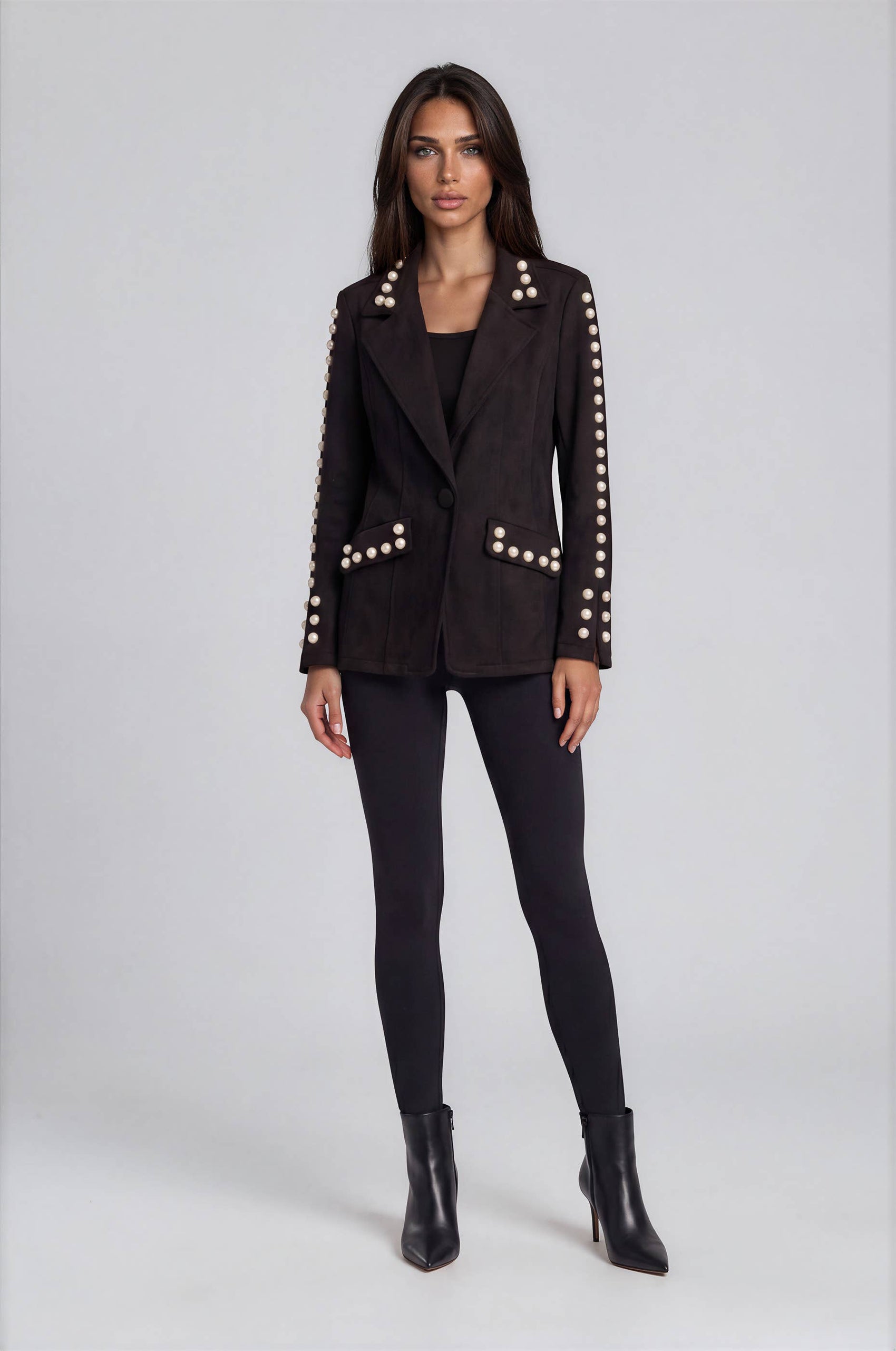 Pearl Embellished Faux Suede Blazer