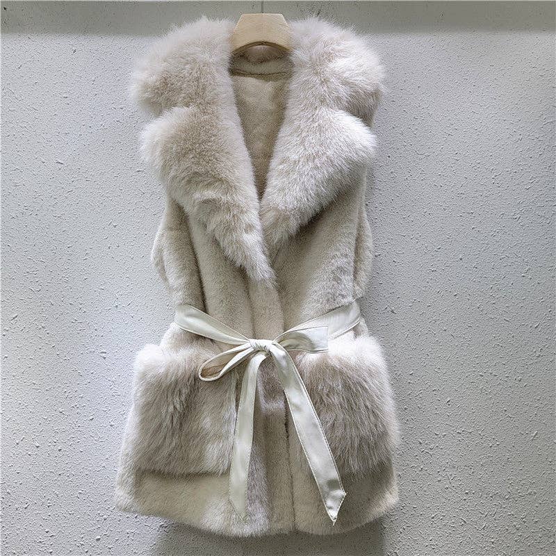 M214 Faux Mink Lapel Vest with Tie Pockets