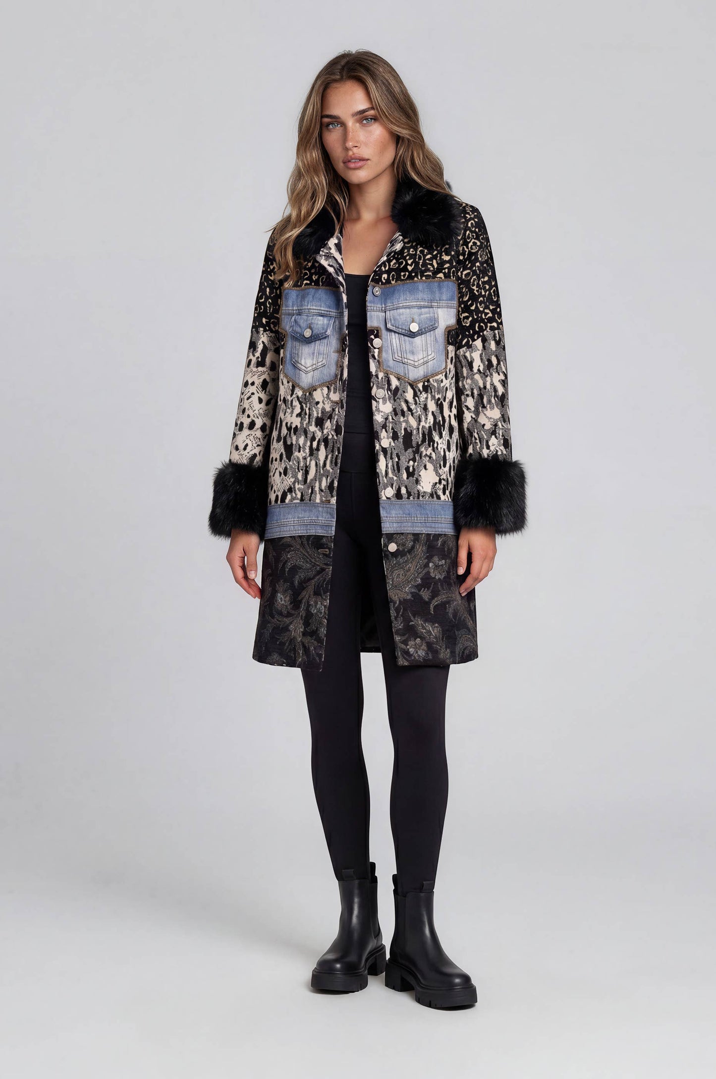 Mixed Media Faux Fur Trim Jacket