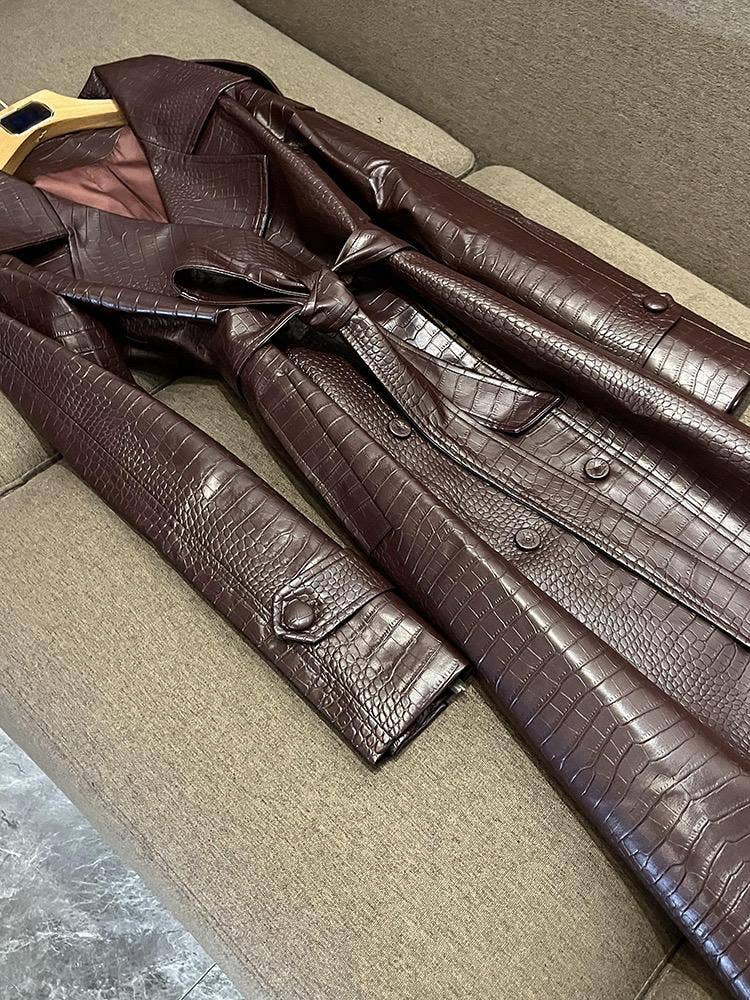 SY391 Crocodile Pattern Pu Leather Long Coat