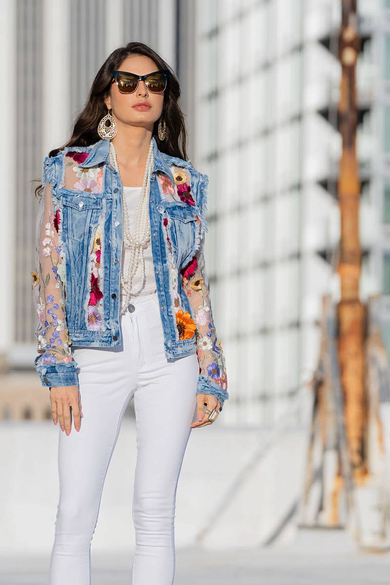 Denim Jacket with Floral Embroidery