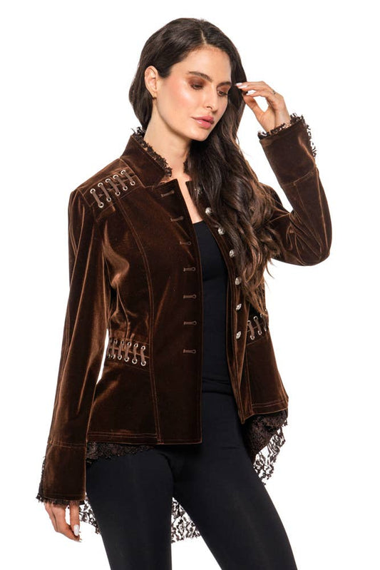 AD2308-B Velvet Jacket with Lace and Groment Trimming